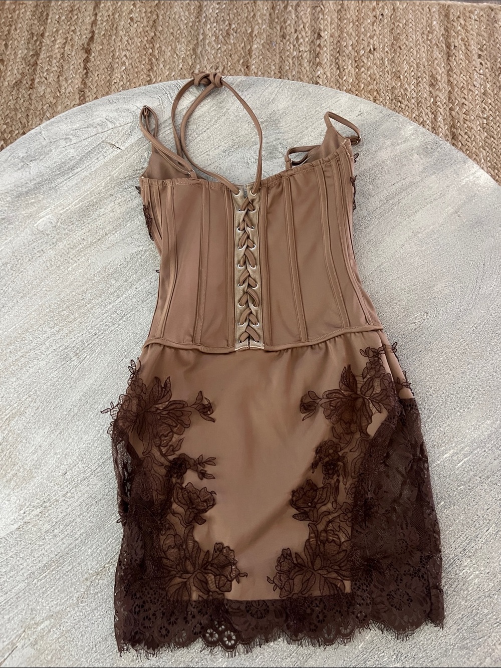 EGO Nude Slip Dress with Brown Floral Lace - Picture 2 of 4